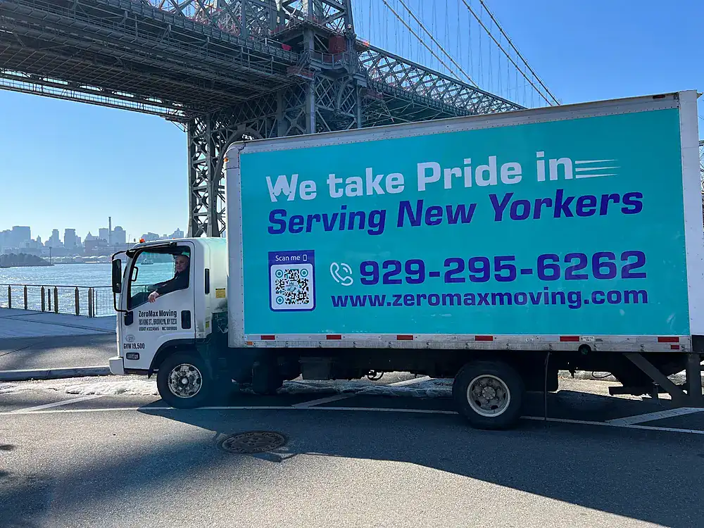 ZeroMax moving truck parked under a New York City bridge for a move from NYC to Cincinnati